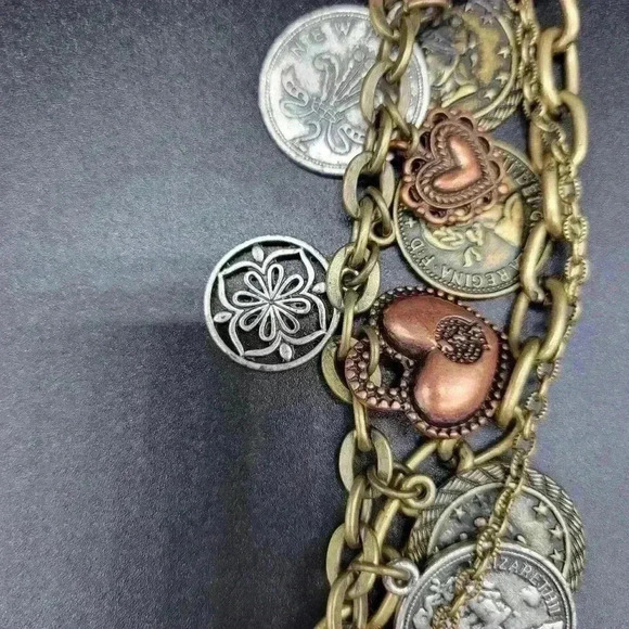 Rare Antique Gold,Silver Plated Coin Charm Multi Chain Necklace/Belt - Picture 7 of 11